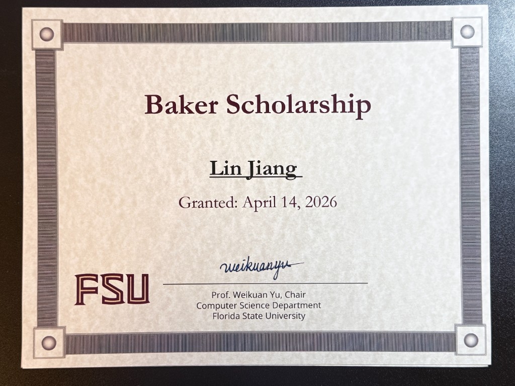 Baker Scholarship certificate, Florida State University Computer Science