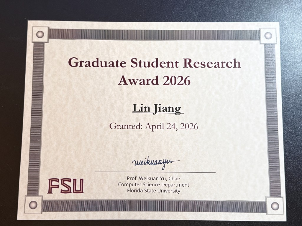 Graduate Student Research Award 2026 certificate, Florida State University Computer Science